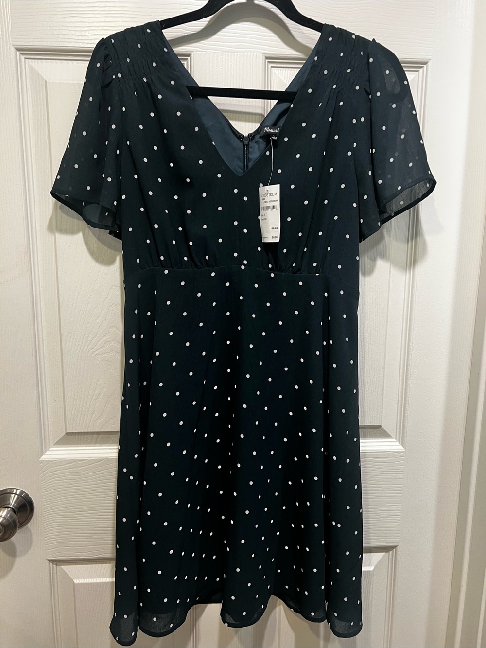 Madewell Polka Dot V-Neck Short Sleeve Dress - Dark Green